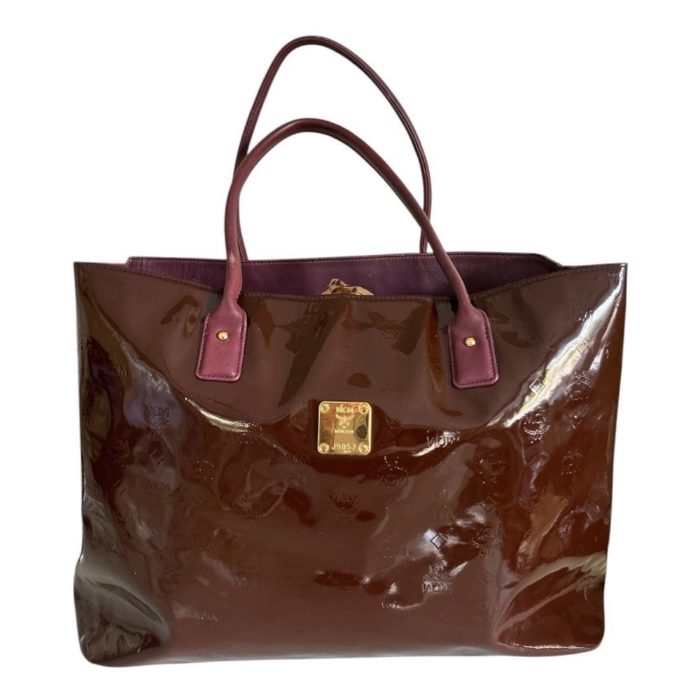 MCM Authentic Pre Owned Burgundy/brown Tote Patent Monogram Bag Gold hardware
